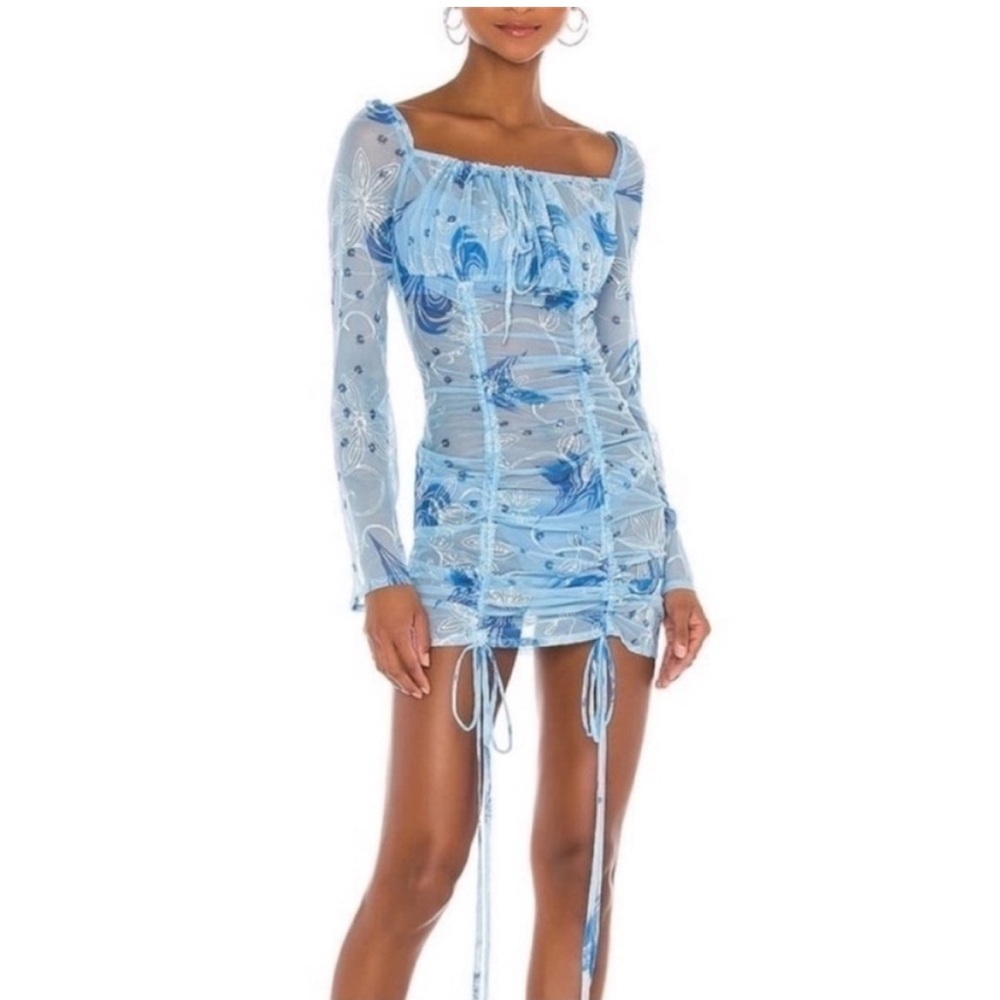Kim Shui Sheer Mesh Floral Ruched Mini Dress Baby Blue